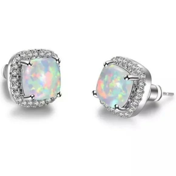 NEW White Gold White Opal Diamond Halo Earrings - Picture 5 of 6